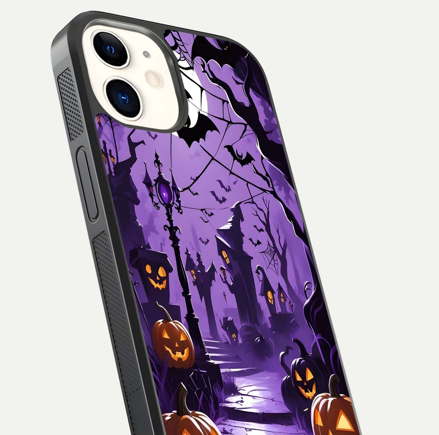 Pumpkin Patch Halloween Glass Case for iPhone 12 Mini close-up angled shot highlighting pumpkin texture and shine