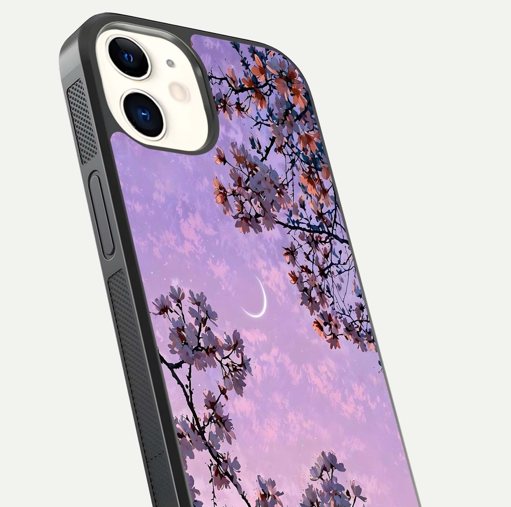 Purple Serenity Moon Glass Case for iPhone 12 Mini close-up angled shot showing reflection and gradient purple hues