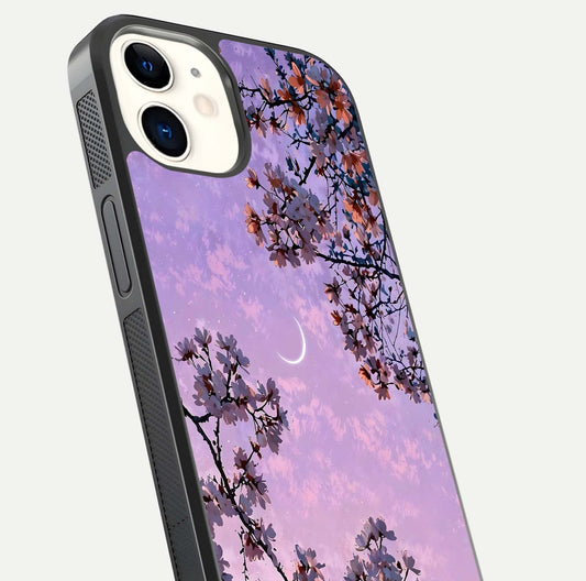 Purple Serenity Moon Glass Case for iPhone 12 Mini close-up angled shot showing reflection and gradient purple hues