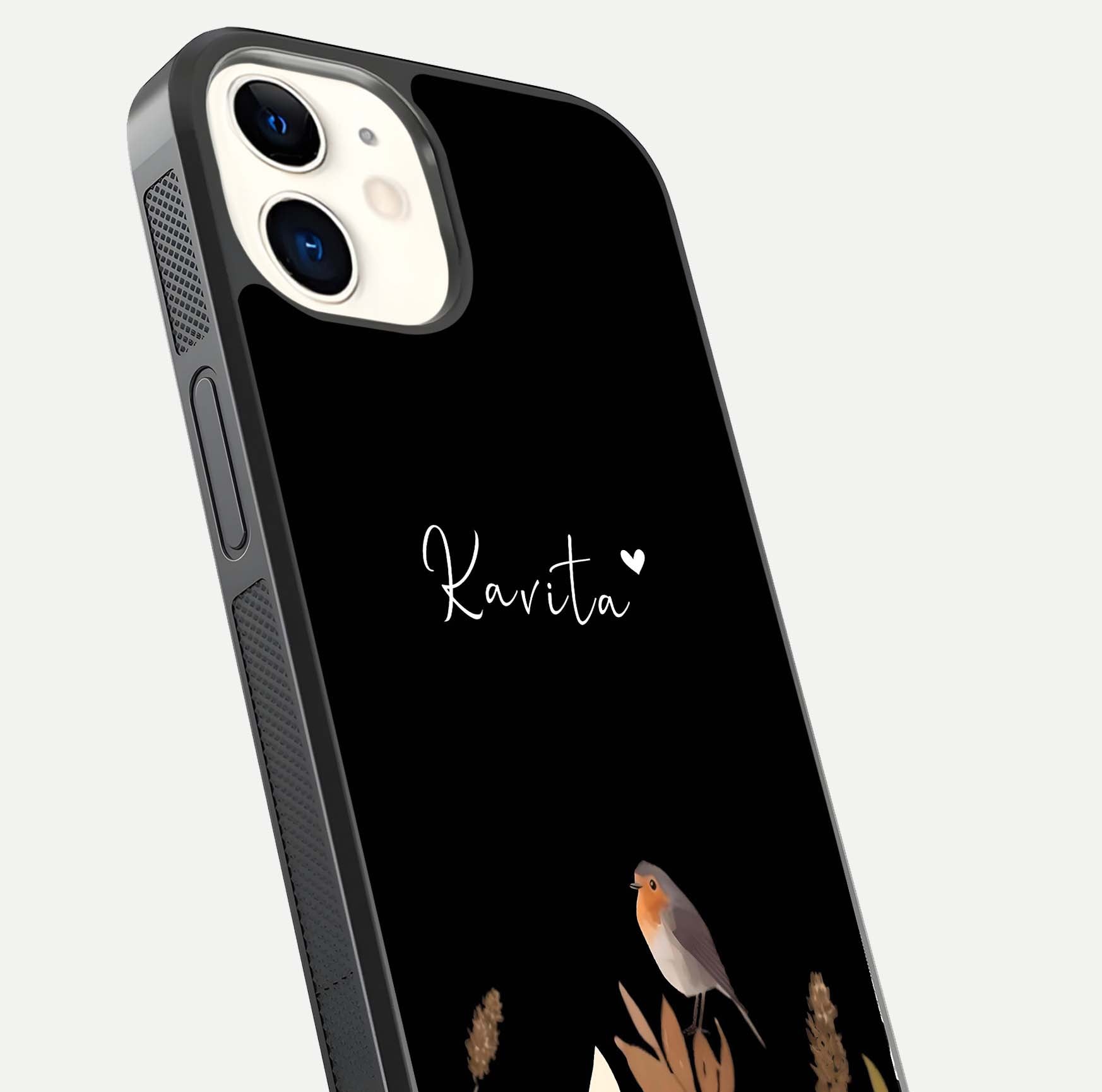 Quiet Garden Tune Custom Name Glass Case for iPhone 12 Mini close-up angled shot showing soft tones and gloss reflection