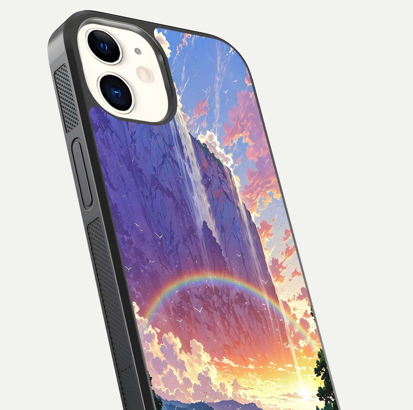 Rainbow Valley Dream Glass Case for iPhone 12 Mini close-up angled shot highlighting gradient tones and HD shine
