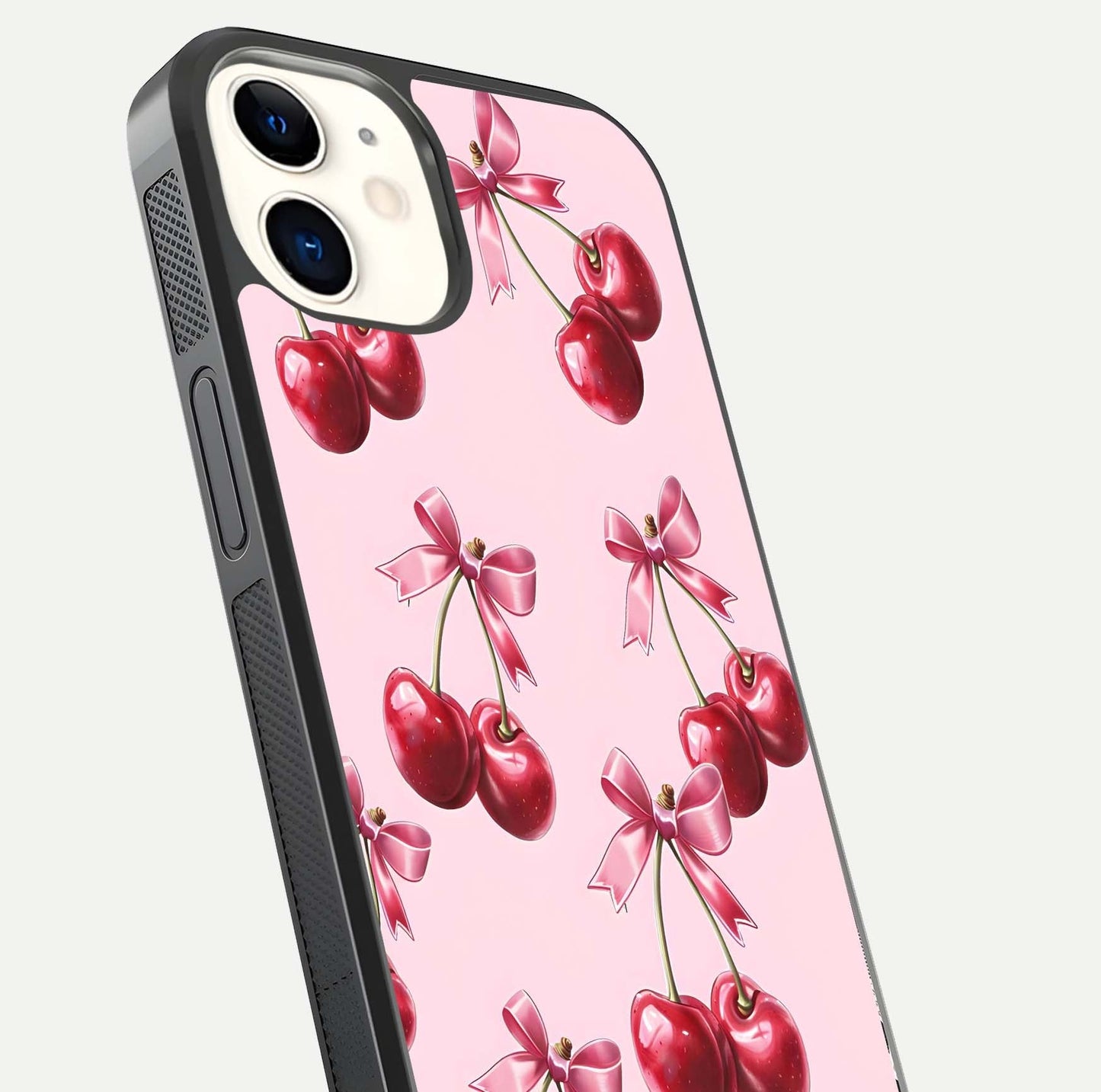 Red Cherries Pattern Glass Case for iPhone 12 Mini close-up angled shot showing cherry details and HD reflection
