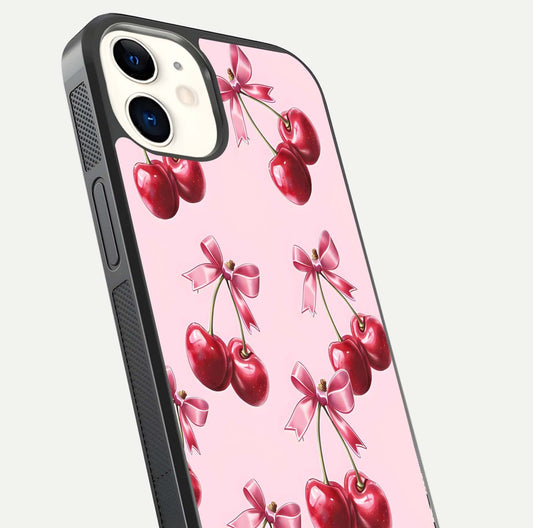 Red Cherries Pattern Glass Case for iPhone 12 Mini close-up angled shot showing cherry details and HD reflection