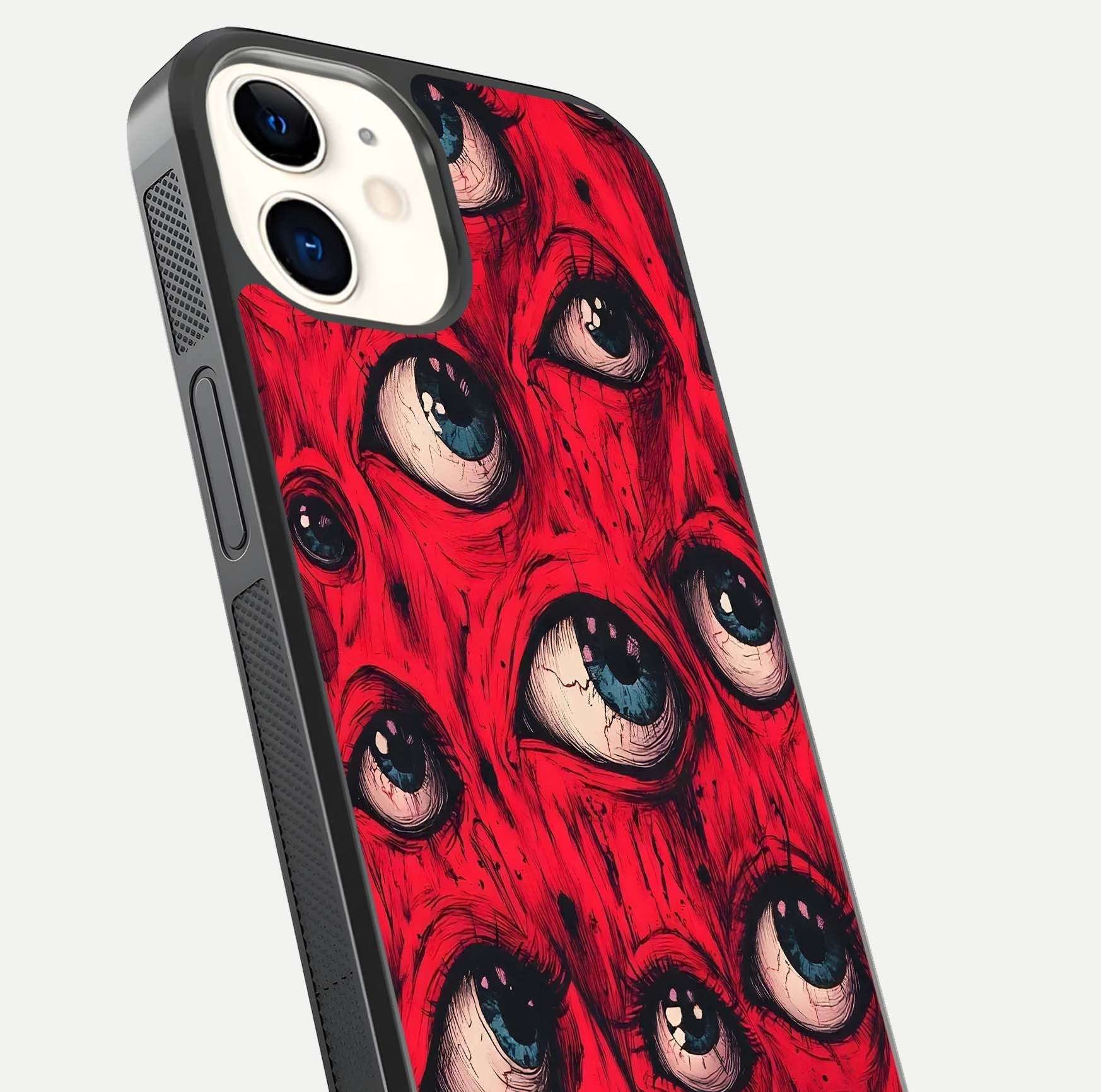 Red Eyes Pattern Glass Case for iPhone 12 Mini close-up angled shot highlighting vivid contrast and HD shine
