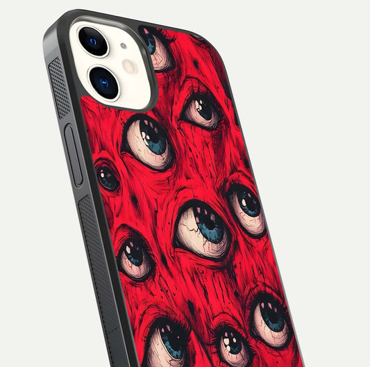 Red Eyes Pattern Glass Case for iPhone 12 Mini close-up angled shot highlighting vivid contrast and HD shine