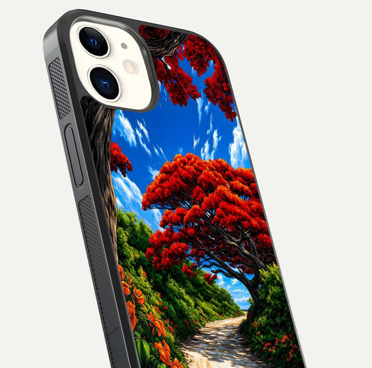Red Trees Pathway Glass Case for iPhone 12 Mini close-up angled shot highlighting forest detail and reflection