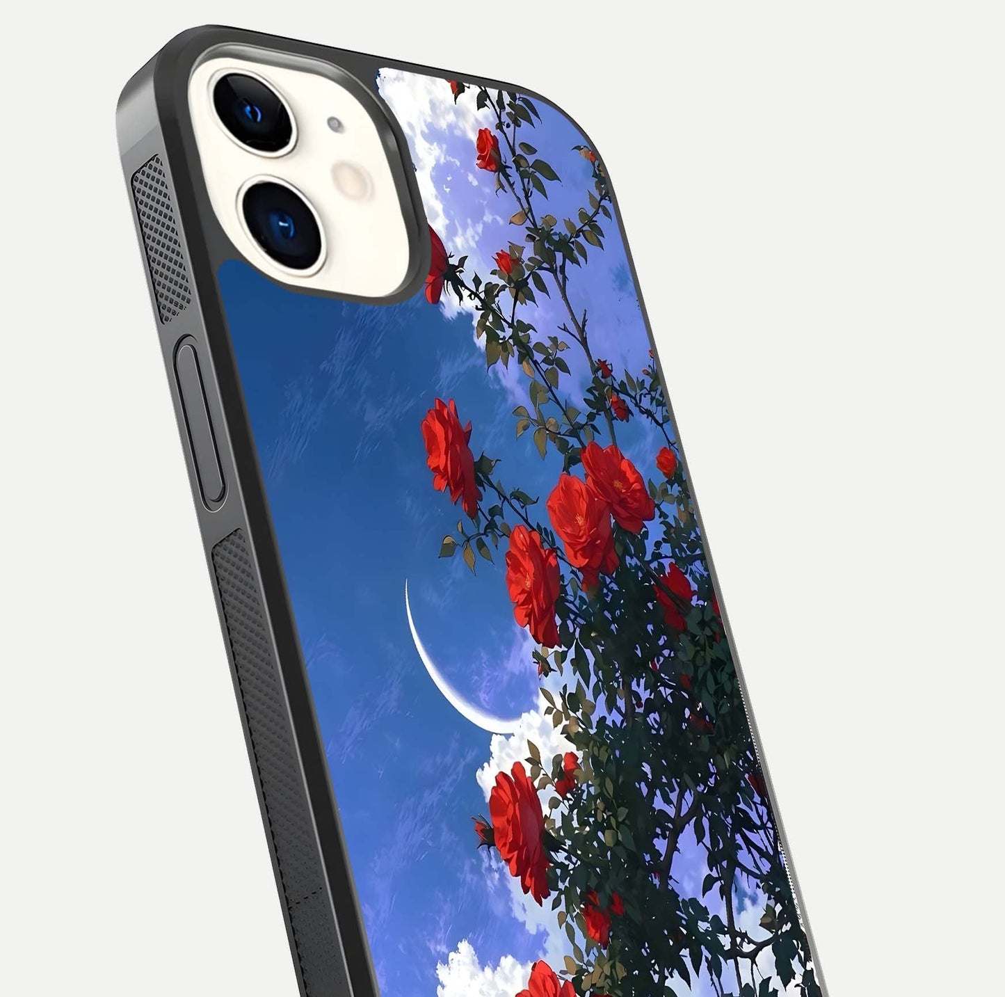 Rose Drift Flowers Glass Case for iPhone 12 Mini close-up angled shot highlighting floral texture and reflection