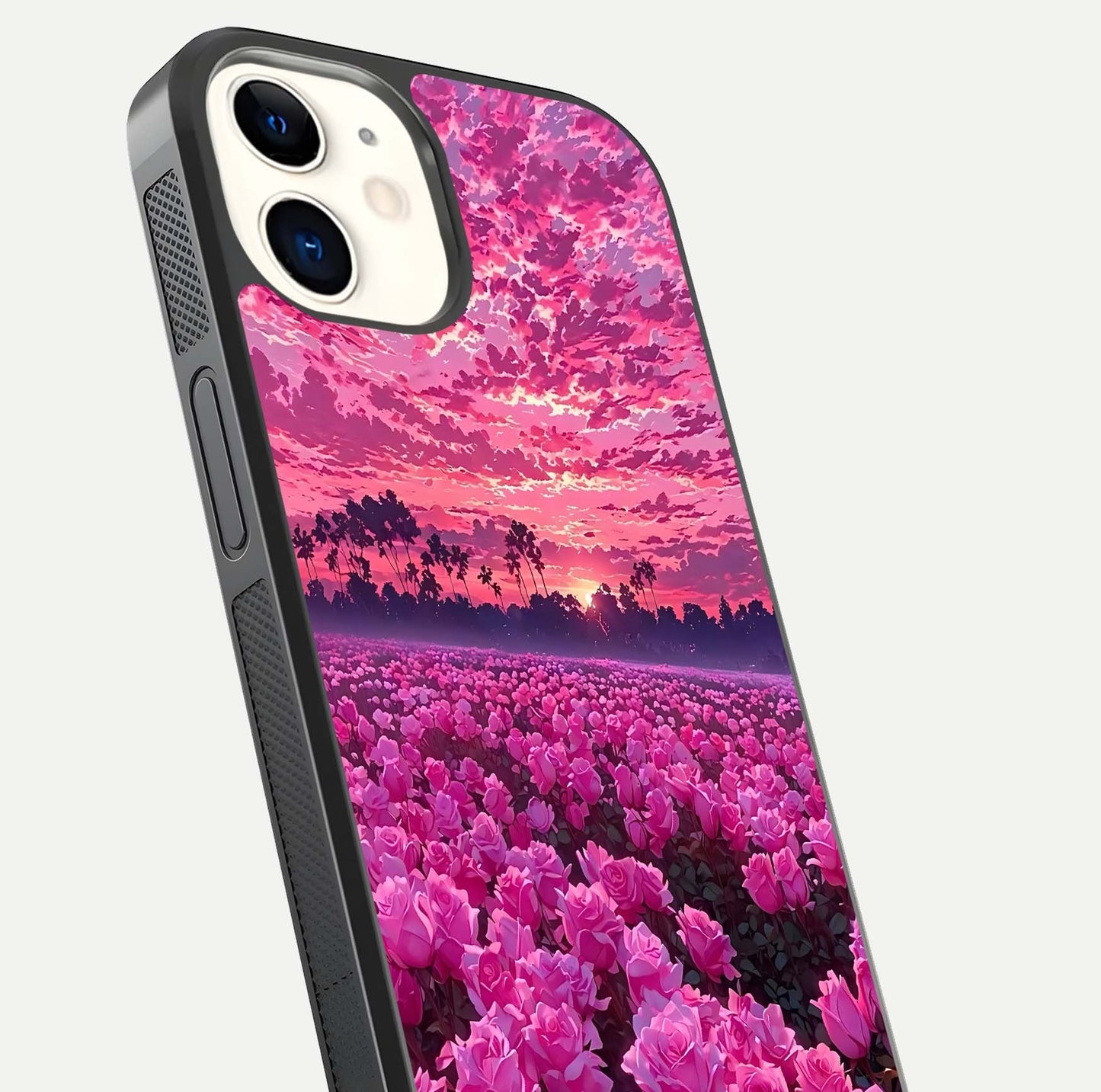 Rose Sunset Valley Glass Case for iPhone 12 Mini close-up angled shot showing rose detailing and golden hues