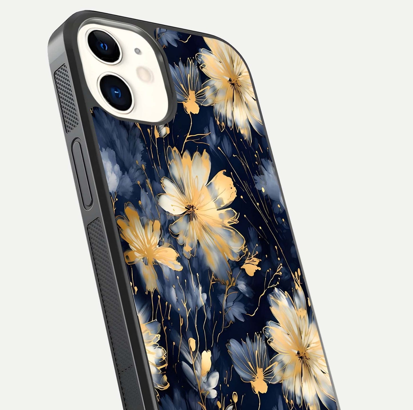 Royal Petal Dream Glass Case for iPhone 12 Mini close-up angled shot highlighting petal texture and reflection depth