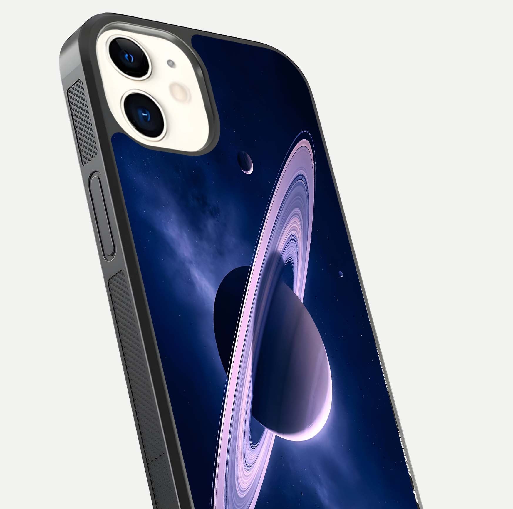 Saturn Ring Mystique Glass Case for iPhone 12 Mini close-up angled shot highlighting ring detail and HD reflection