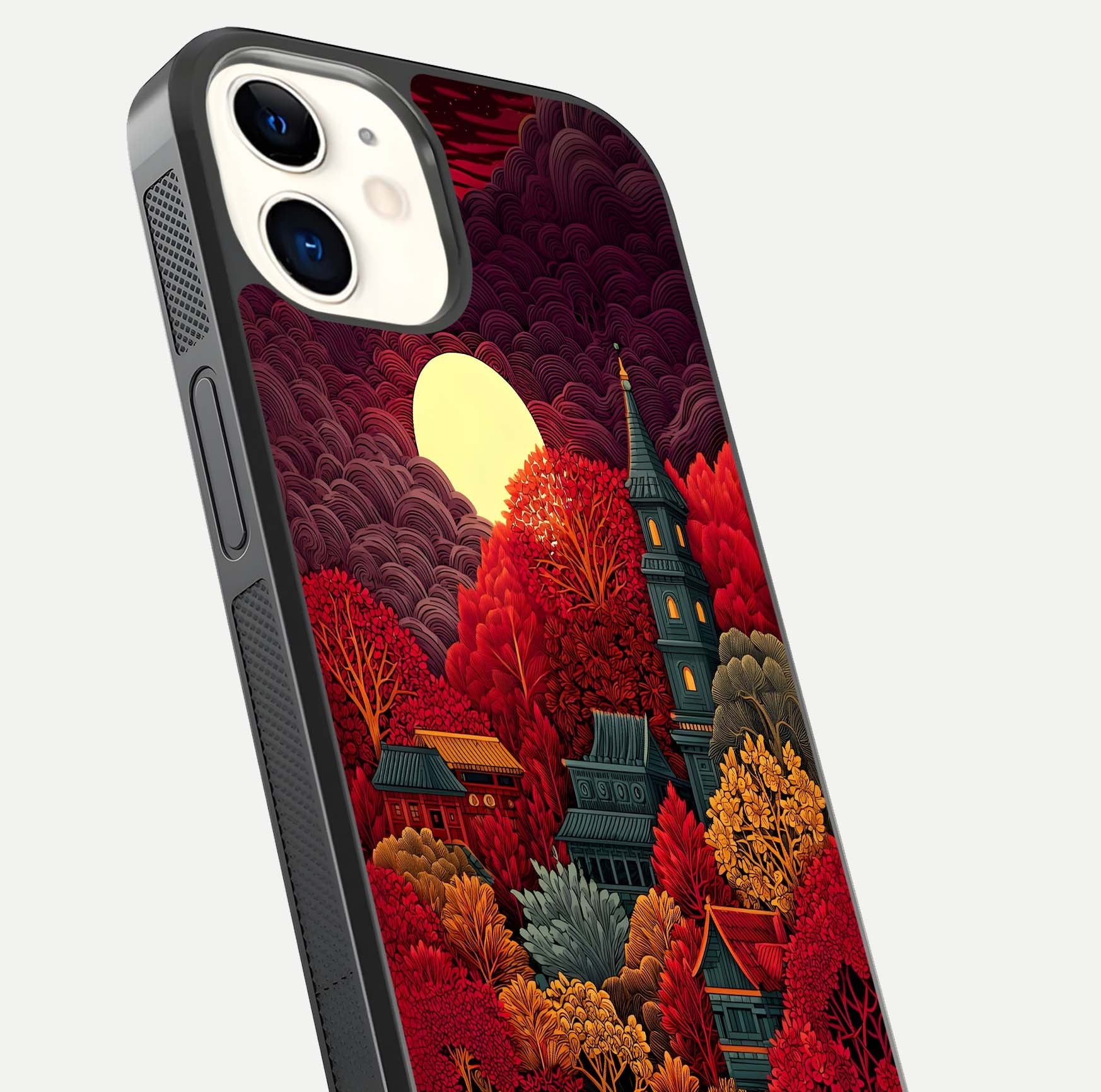 Scarlet Autumn Temple Glass Case for iPhone 12 Mini close-up angled shot highlighting golden leaves and reflection
