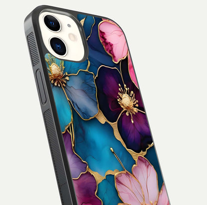 Sparkle Floral Glass Case for iPhone 12 Mini close-up angled shot highlighting shimmer details and reflection