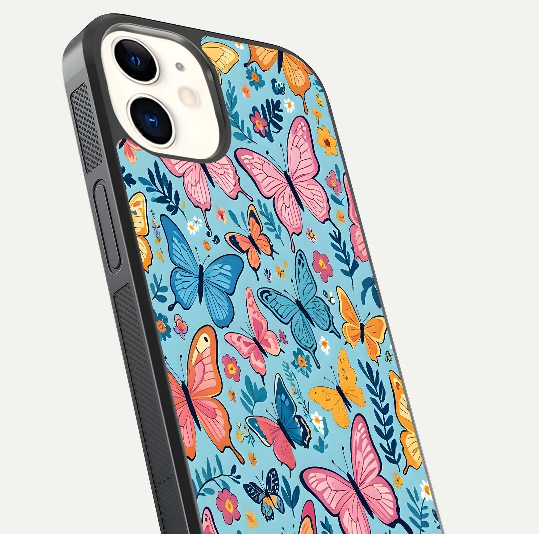 Spring Wing Garden Glass Case for iPhone 12 Mini close-up angled shot highlighting petal details and reflection