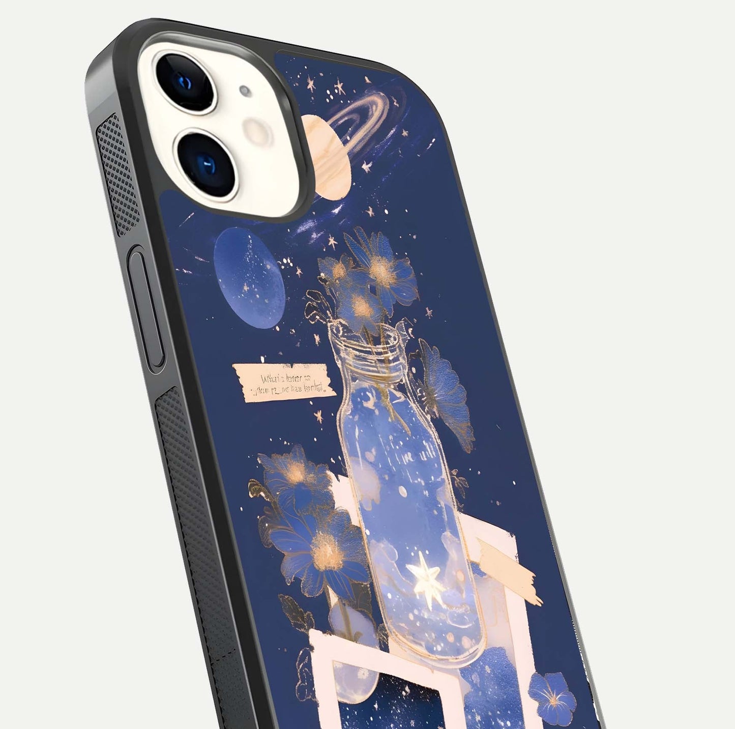 Starlit Cosmic Jar Glass Case for iPhone 12 Mini close-up angled shot highlighting stars, reflections, and HD shine