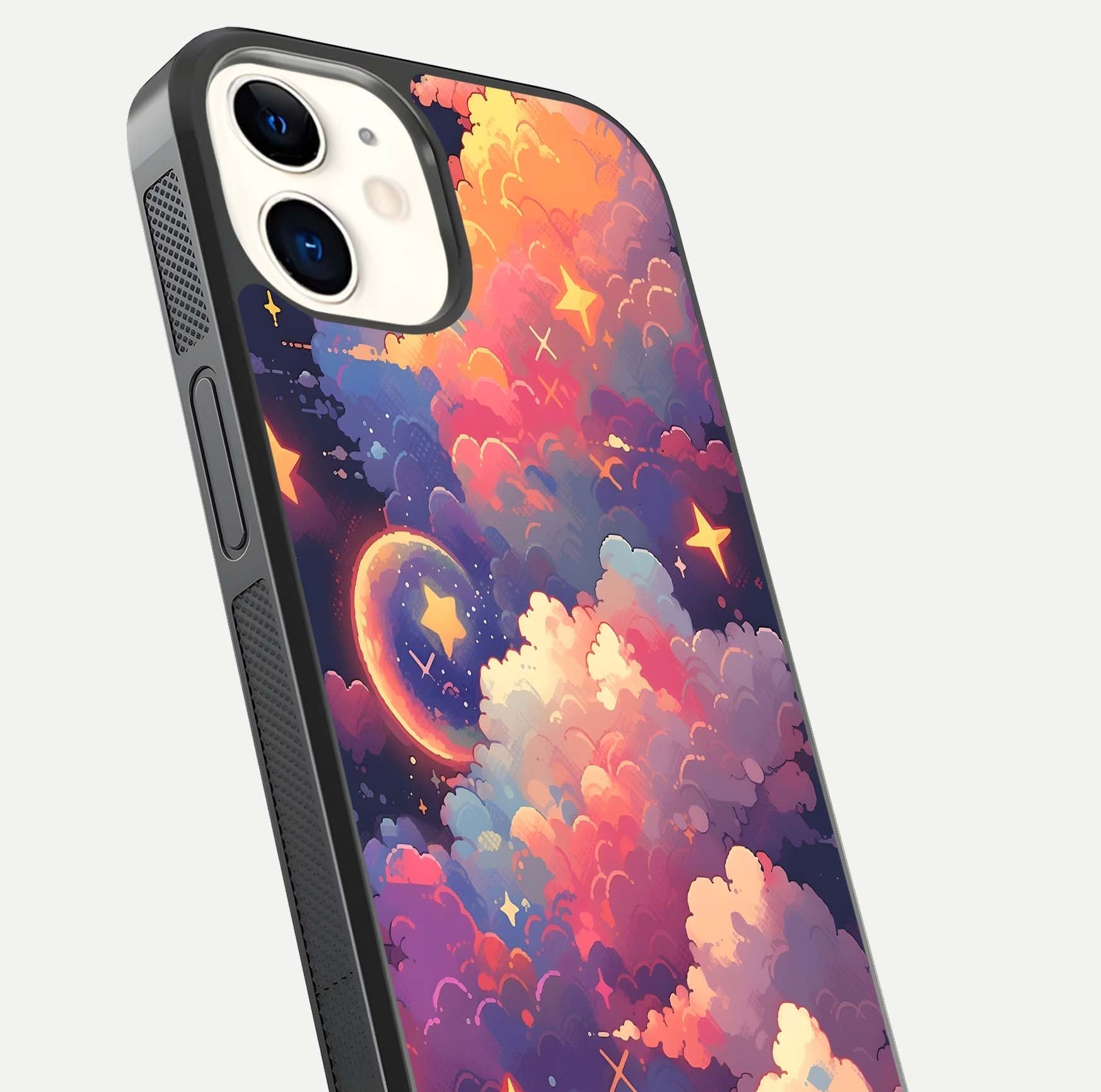 Starlit Dream Clouds Glass Case for iPhone 12 Mini close-up angled shot highlighting cloud texture and reflection