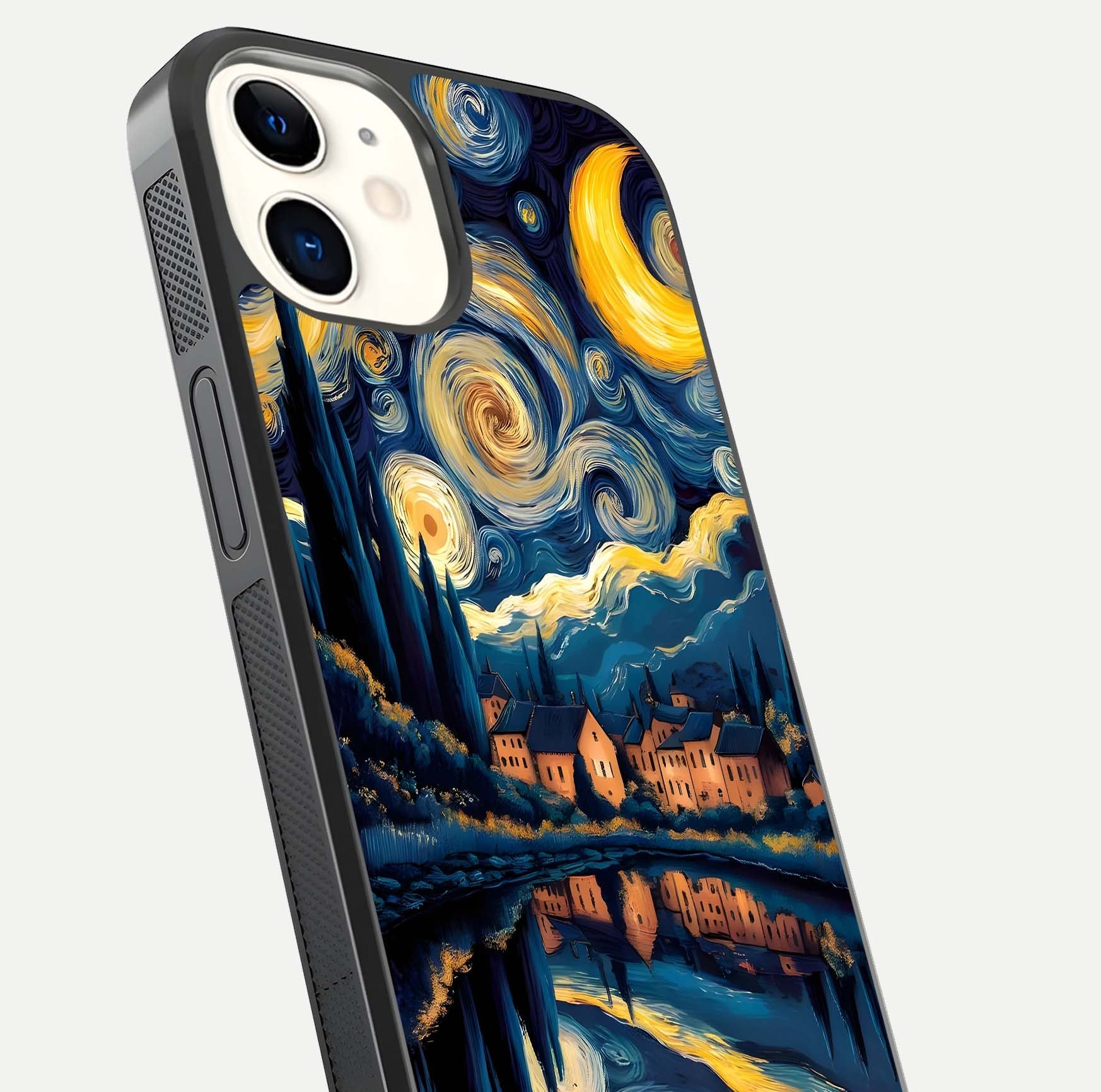 Starry Sky Serenity Glass Case for iPhone 12 Mini close-up angled shot highlighting light reflection and blue hues