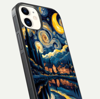 Starry Sky Serenity Glass Case for iPhone 12 Mini close-up angled shot highlighting light reflection and blue hues