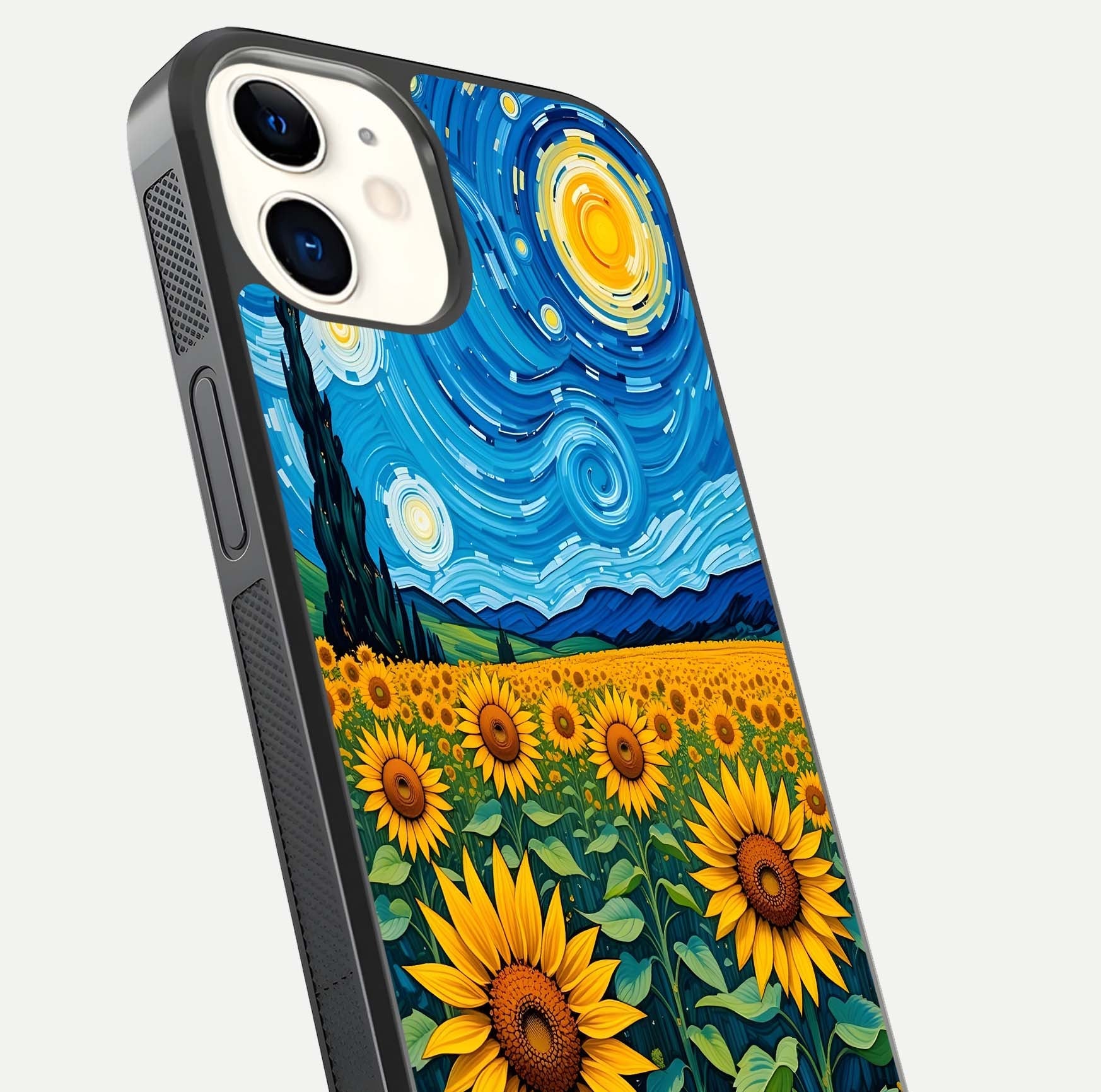 Starry Sunflower Dreams Glass Case for iPhone 12 Mini close-up angled shot highlighting petal texture and gloss