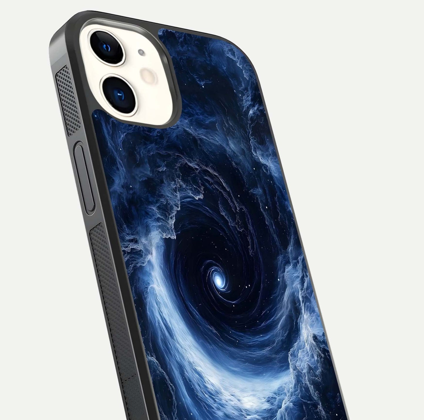 Stunning Galaxy Glass Case for iPhone 12 Mini close-up angled shot highlighting nebula tones and HD reflection