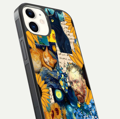 Sunflower Cat Art Glass Case for iPhone 12 Mini close-up angled shot highlighting yellow tones and art reflection