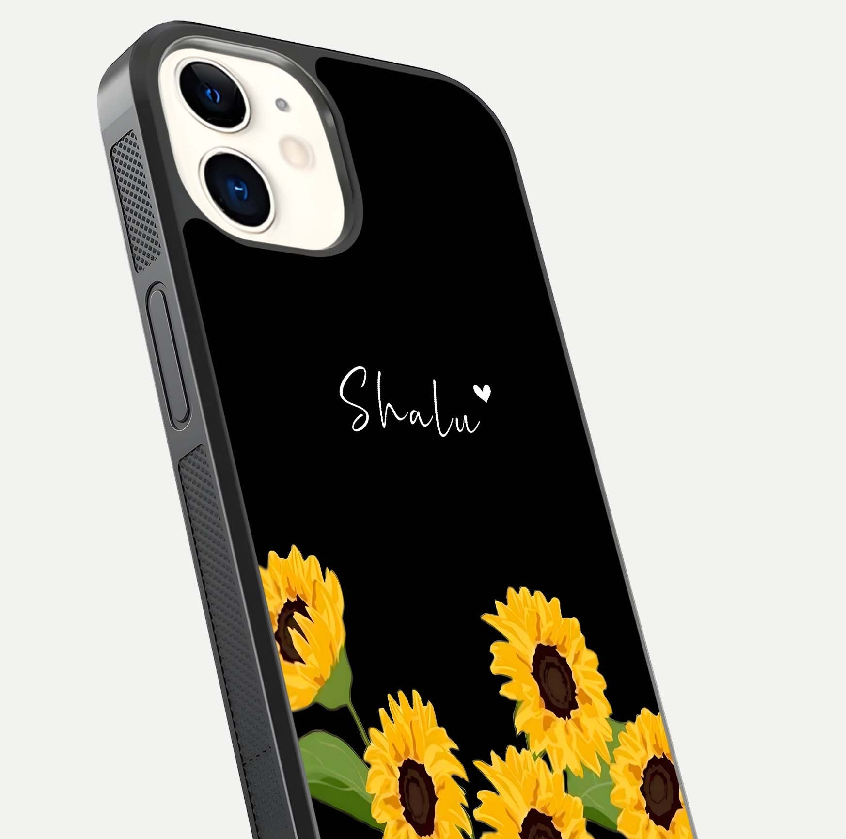 Sunflower Chic Mood Custom Name Glass Case for iPhone 12 Mini close-up angled shot showing HD sunflower pattern
