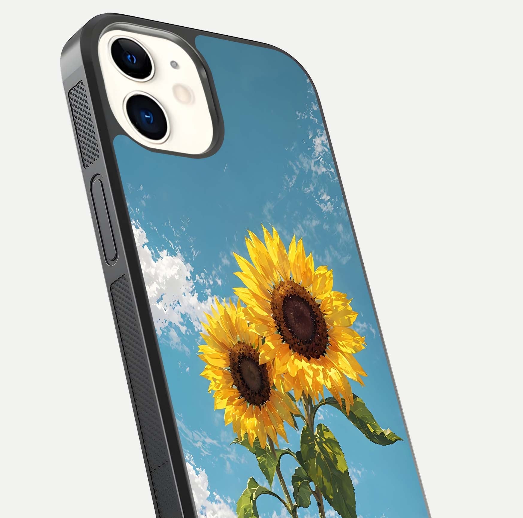 Sunflower Sky Bloom Glass Case for iPhone 12 Mini close-up angled shot highlighting petal details and reflection