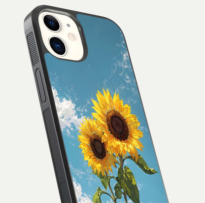 Sunflower Sky Bloom Glass Case for iPhone 12 Mini close-up angled shot highlighting petal details and reflection