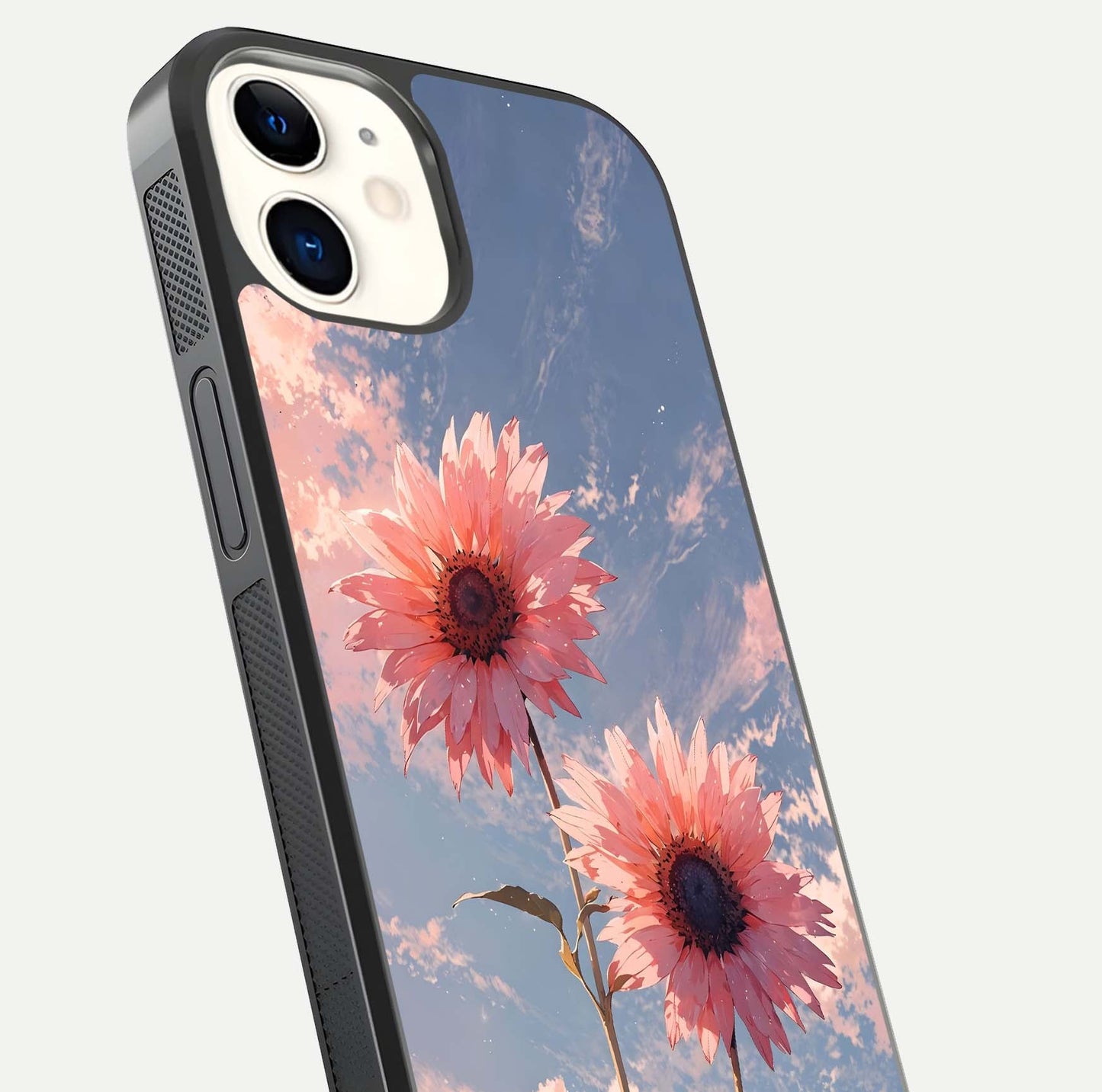 Sunlit Daisy Glow Glass Case for iPhone 12 Mini close-up angled shot highlighting petal texture and reflection