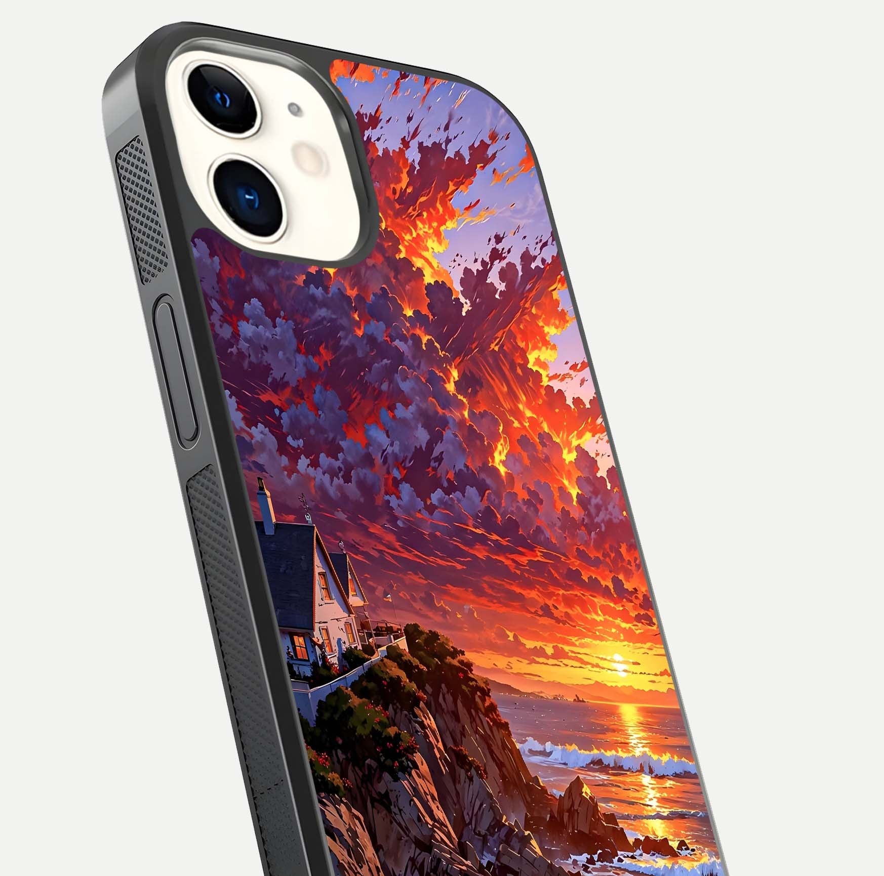 Sunset House by Sea Glass Case for iPhone 12 Mini close-up angled shot highlighting sunset tones and water glow