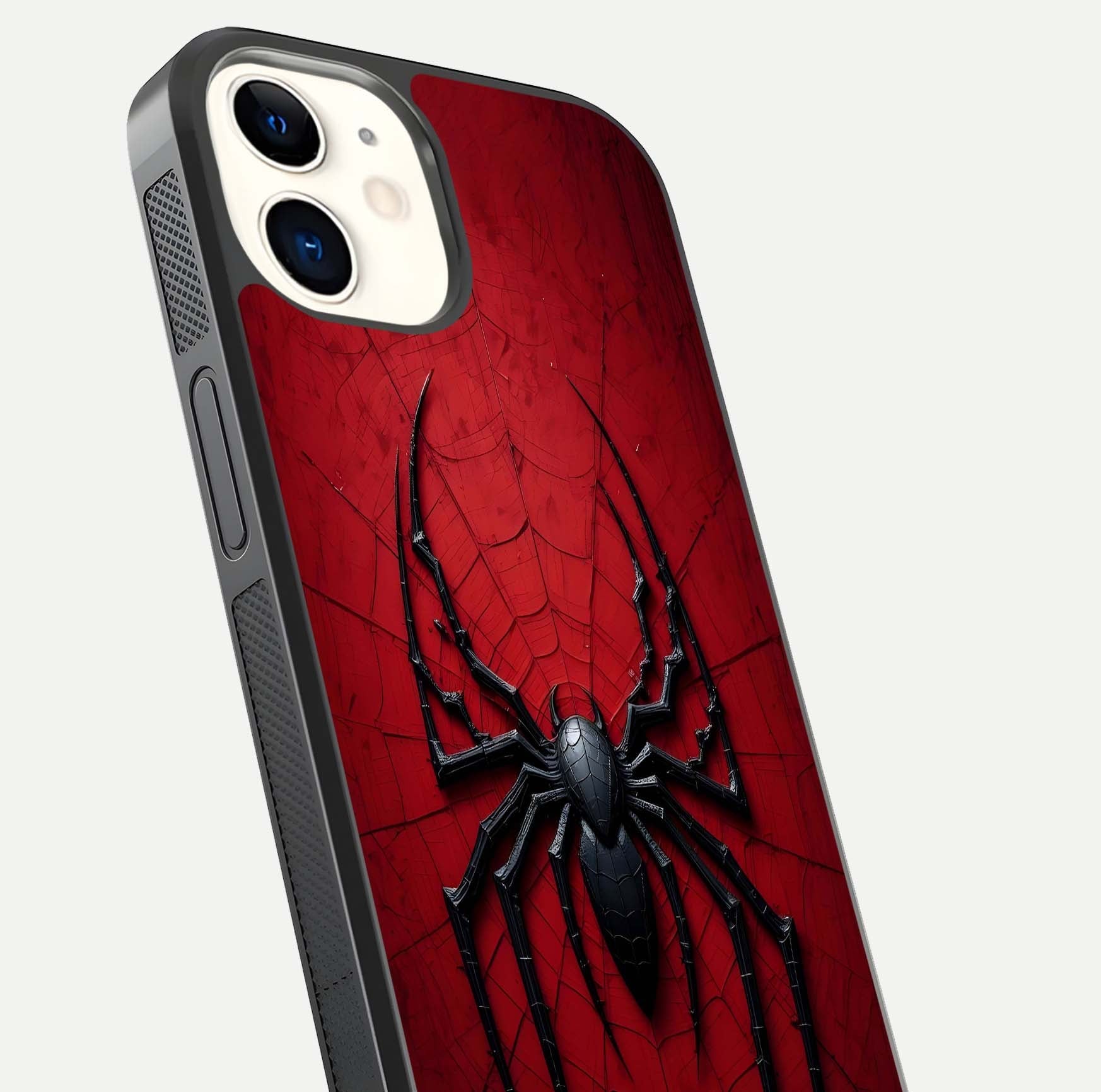 Venom Web Emblem Glass Case for iPhone 12 Mini close-up angled shot highlighting sharp logo lines and reflection