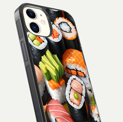 Sushi Food Pattern Glass Case for iPhone 12 Mini close-up angled shot highlighting colorful sushi prints and reflection