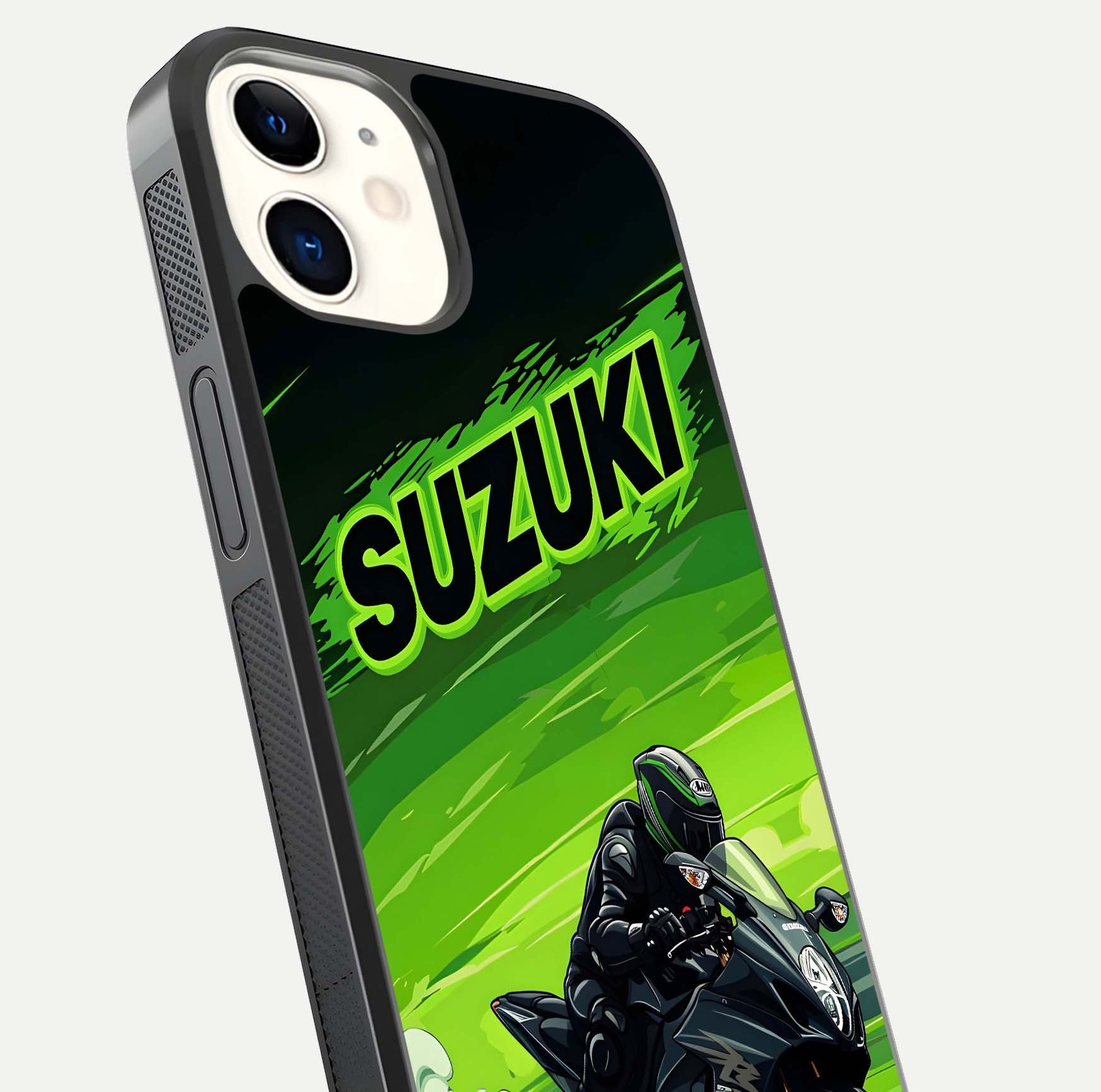 Suzuki Speed Beast Glass Case for iPhone 12 Mini close-up angled shot highlighting bold tones and reflection