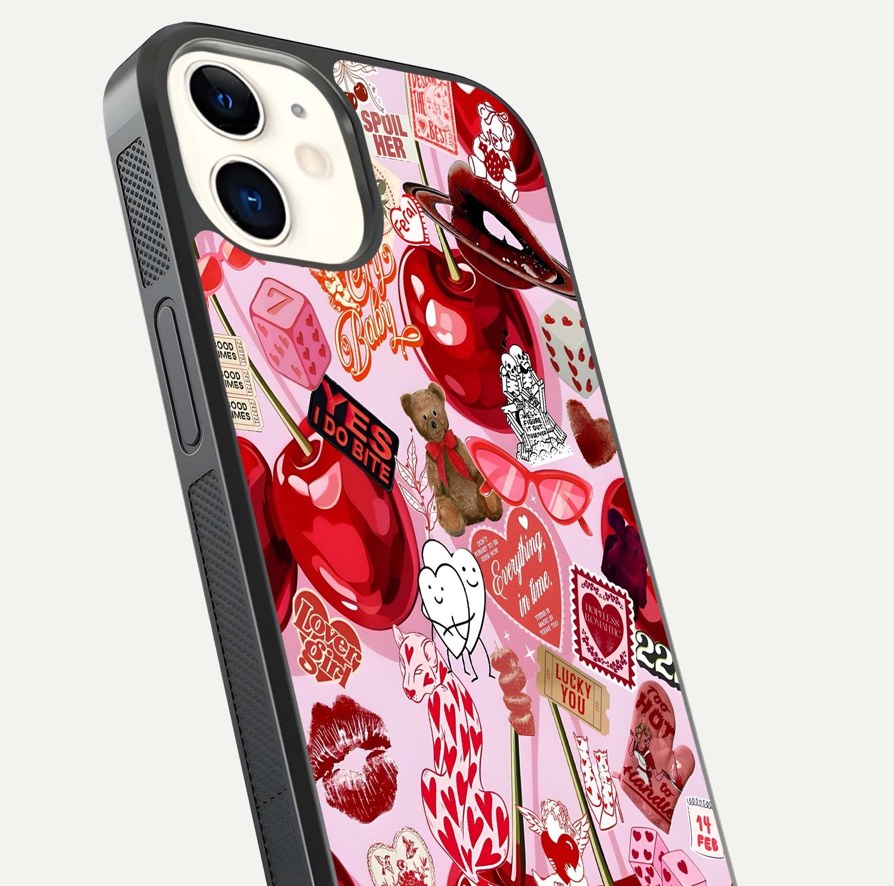 Sweet Cherry Chaos Glass Case for iPhone 12 Mini close-up angled shot highlighting red tone contrast and reflection