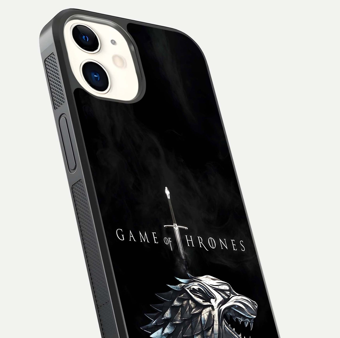 Throne Wolf Legacy Glass Case for iPhone 12 Mini close-up angled shot highlighting fur texture and reflection