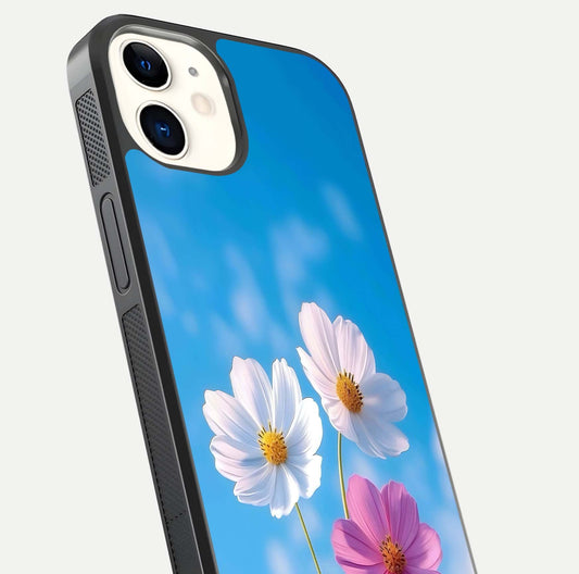 Triple Flowers With Sky Glass Case for iPhone 12 Mini close-up angled shot highlighting petal and reflection details