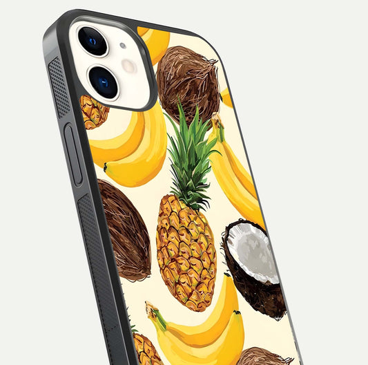Tropical Fruit Mood Glass Case for iPhone 12 Mini close-up angled shot highlighting fruit texture and reflection