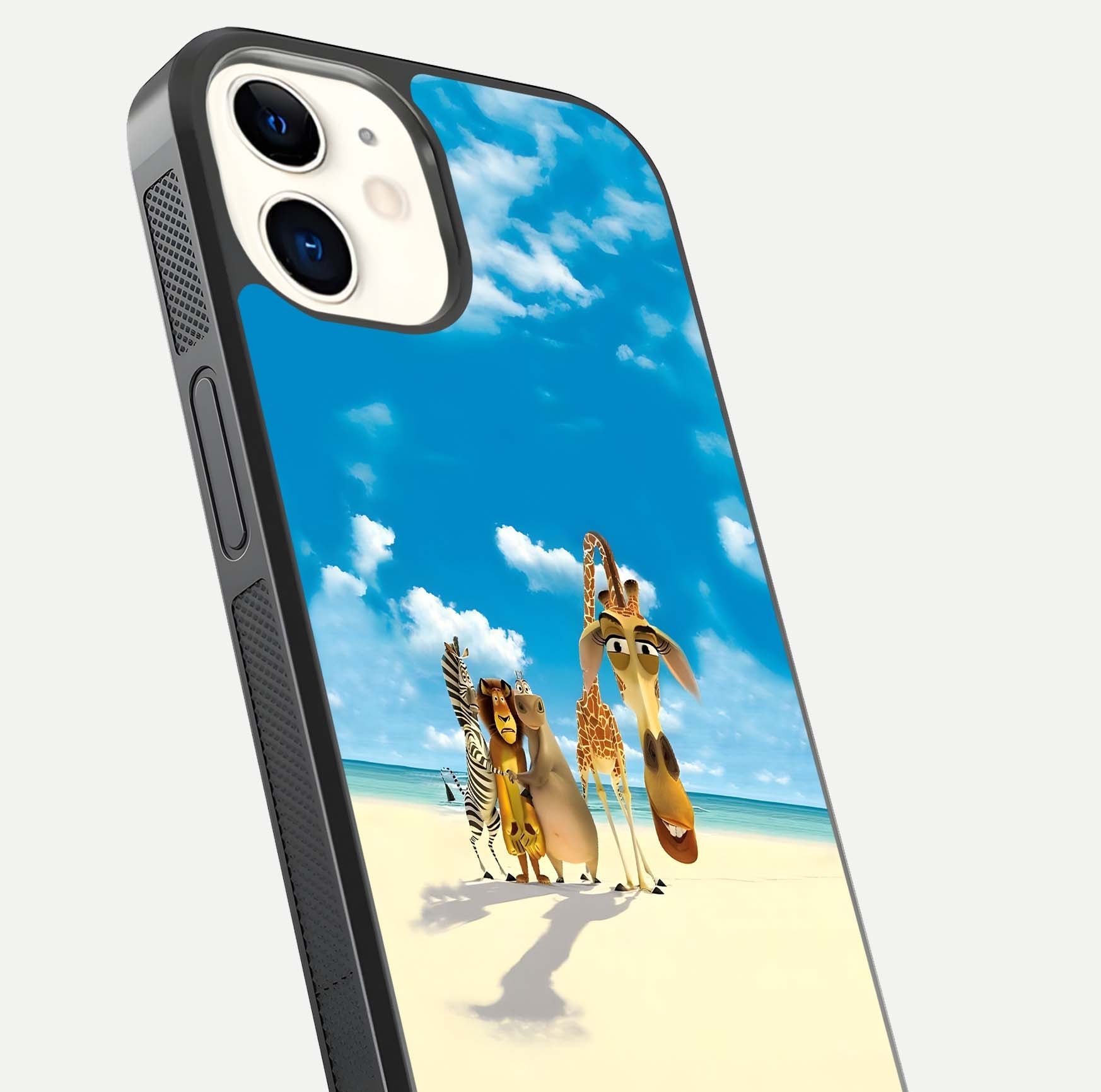 Tropical Fun Squad Glass Case for iPhone 12 Mini close-up angled shot highlighting vibrant tones and texture