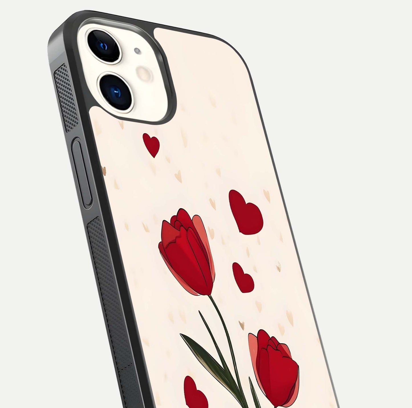 Tulip With Heart Glass Case for iPhone 12 Mini close-up angled shot highlighting petal details and reflection