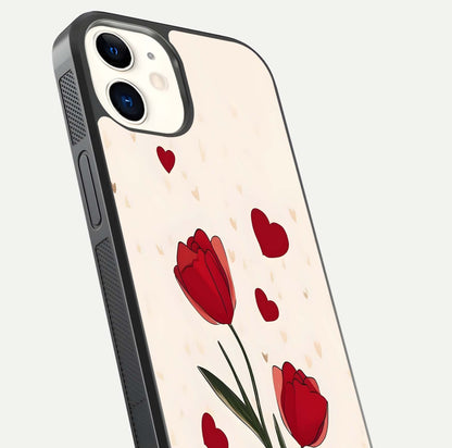 Tulip With Heart Glass Case for iPhone 12 Mini close-up angled shot highlighting petal details and reflection