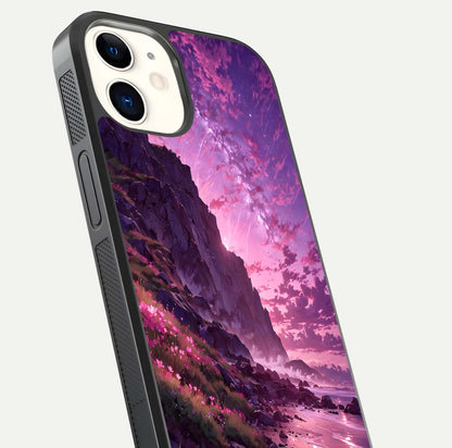 Twilight Blossom Coast Glass Case for iPhone 12 Mini close-up angled shot highlighting gradient sky and reflection