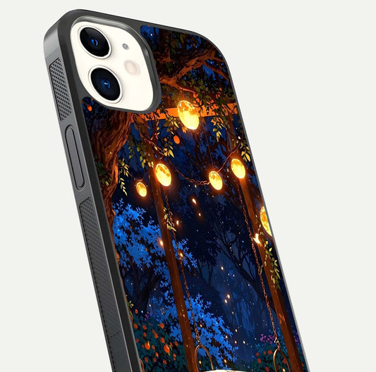 Twilight Garden Swing Glass Case for iPhone 12 Mini close-up angled shot highlighting floral tones and reflection