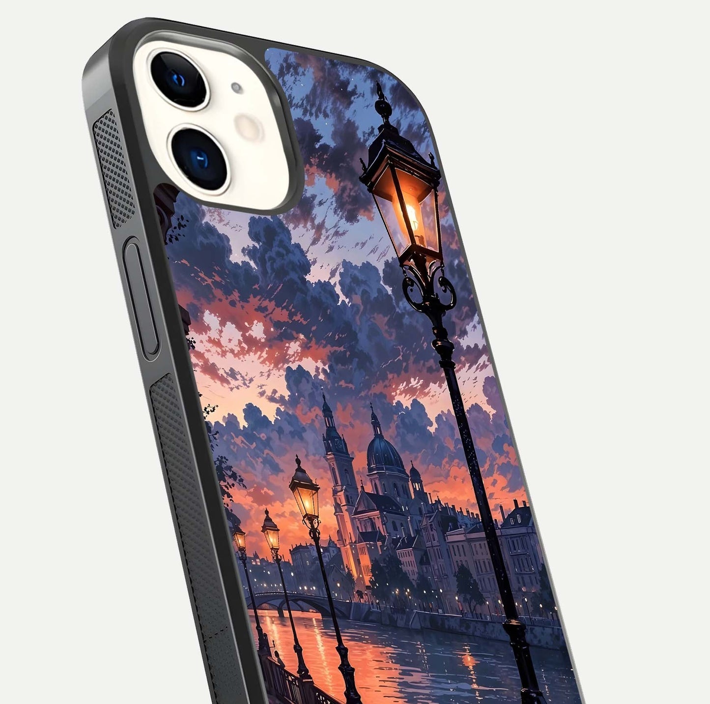 Twilight River Lights Glass Case for iPhone 12 Mini close-up angled shot highlighting river reflections and color tones