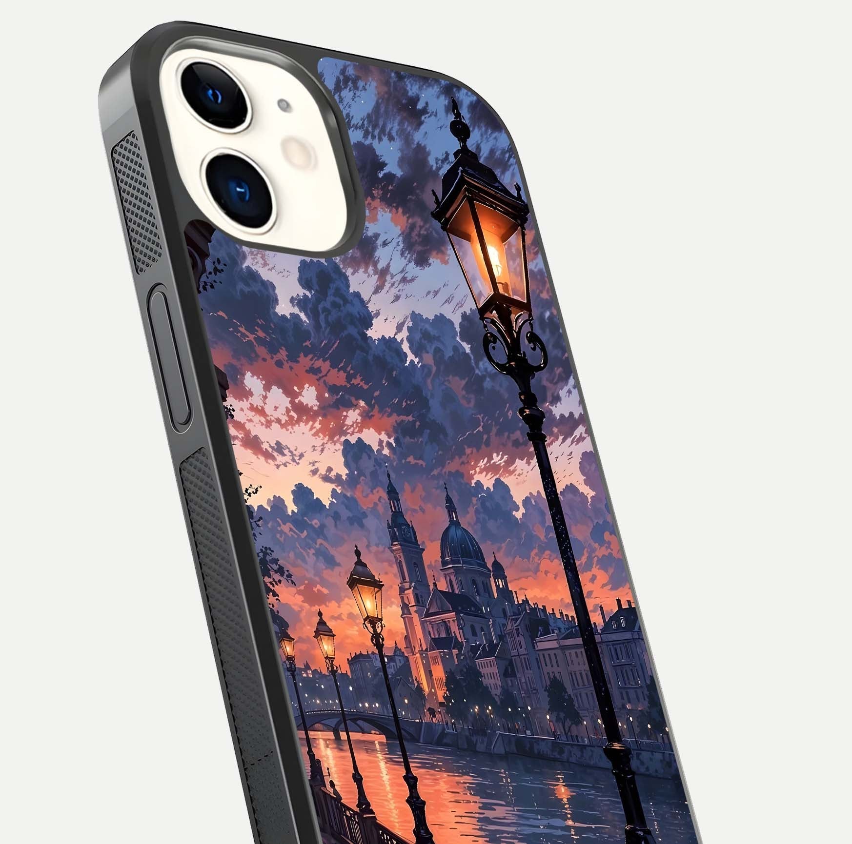 Twilight River Lights Glass Case for iPhone 12 Mini close-up angled shot highlighting river reflections and color tones