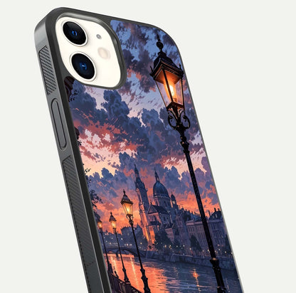 Twilight River Lights Glass Case for iPhone 12 Mini close-up angled shot highlighting river reflections and color tones