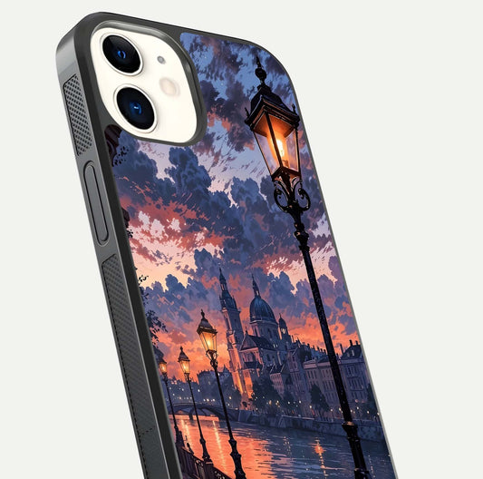 Twilight River Lights Glass Case for iPhone 12 Mini close-up angled shot highlighting river reflections and color tones