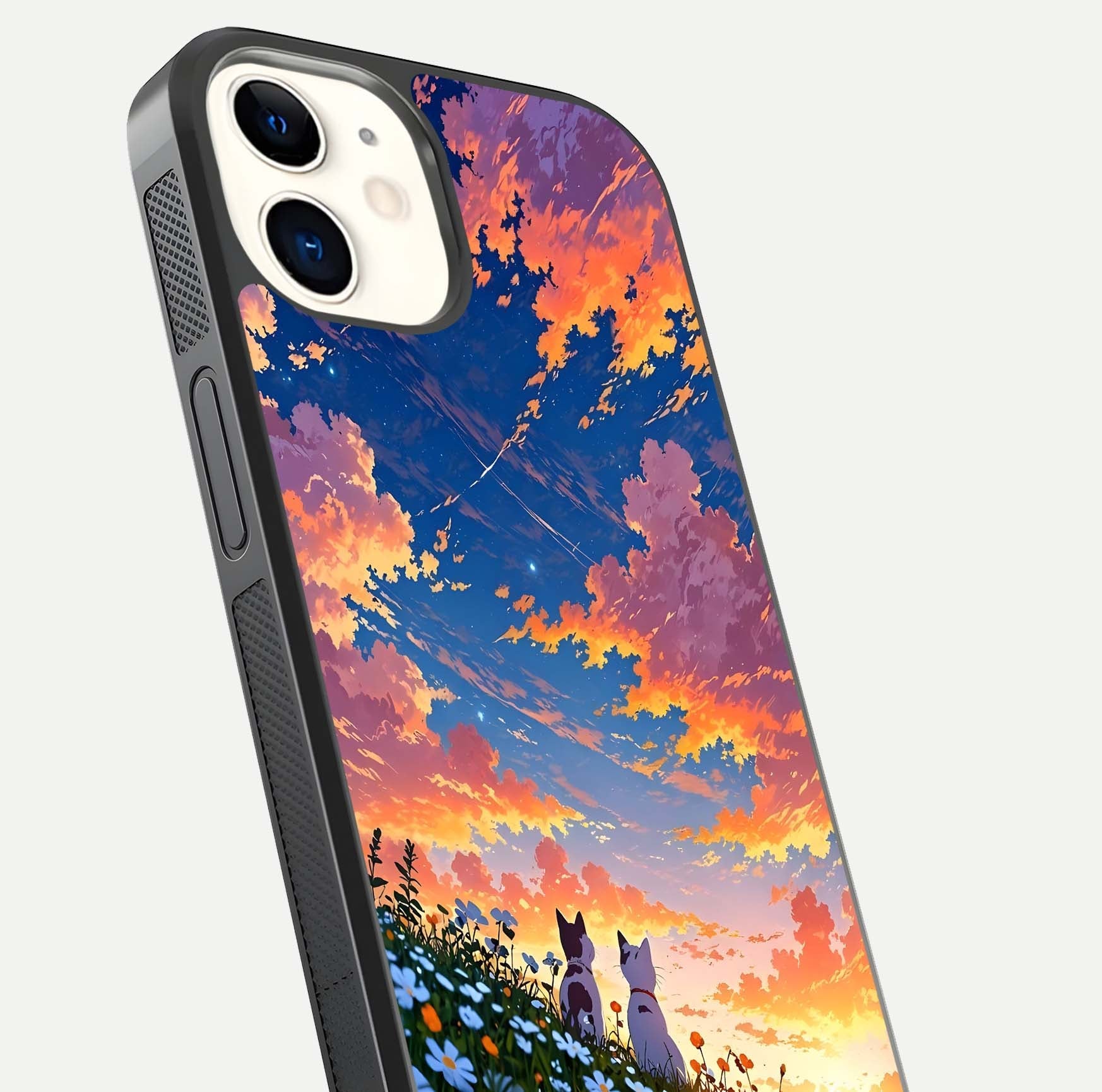 Two Cats Friends Glass Case for iPhone 12 Mini close-up angled shot highlighting cat illustrations and soft reflection