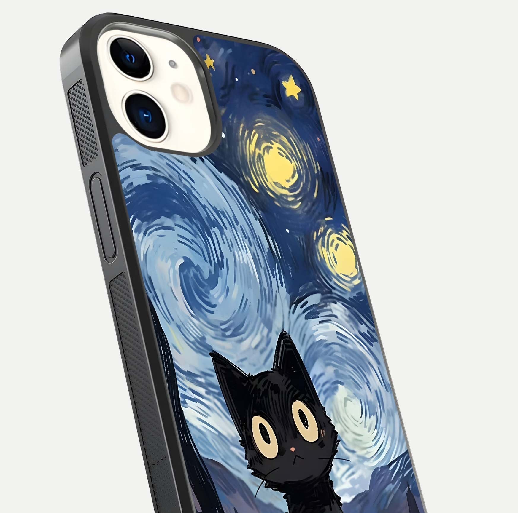 Van Gogh Cat Glass Case for iPhone 12 Mini close-up angled shot highlighting brushstroke texture and reflection