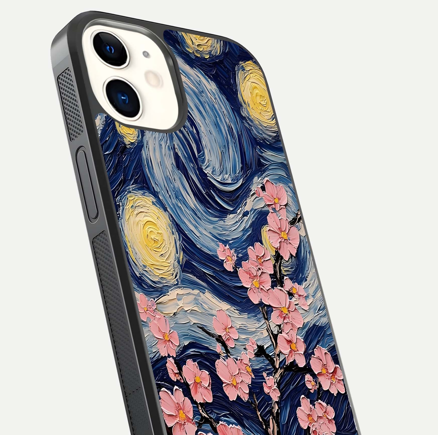 Van Gogh Scenery Glass Case for iPhone 12 Mini close-up angled shot highlighting brushwork texture and color depth