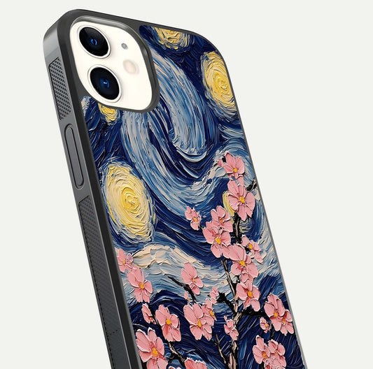 Van Gogh Scenery Glass Case for iPhone 12 Mini close-up angled shot highlighting brushwork texture and color depth