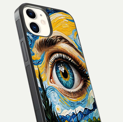 Van Gogh Eye Glass Case for iPhone 12 Mini close-up angled shot highlighting color blend and gloss reflection